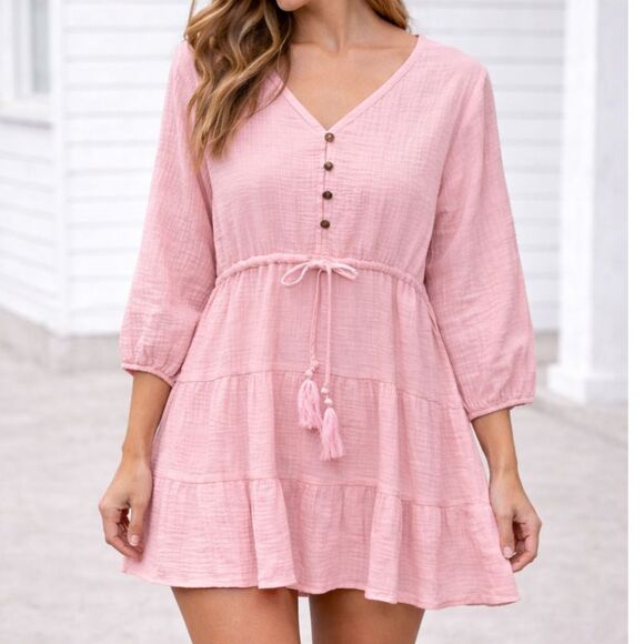 rvivimos Dresses & Skirts - R Vivimos Pink Gauze Babydoll Tunic Dress Tassel Tiered Boho Small